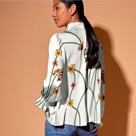 Tucker Stella Top Art Nouveau in Ecru Stretch Charmeuse Silk Blouse Mock Neck - Picture 2 of 2